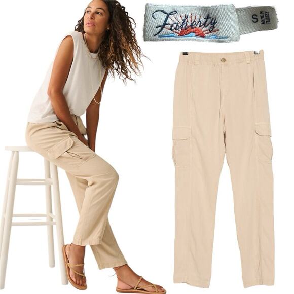 NWT Faherty Arlie Day Cargo Pants Linen Blend Elastic Waistband SMALL Casual - Picture 1 of 16